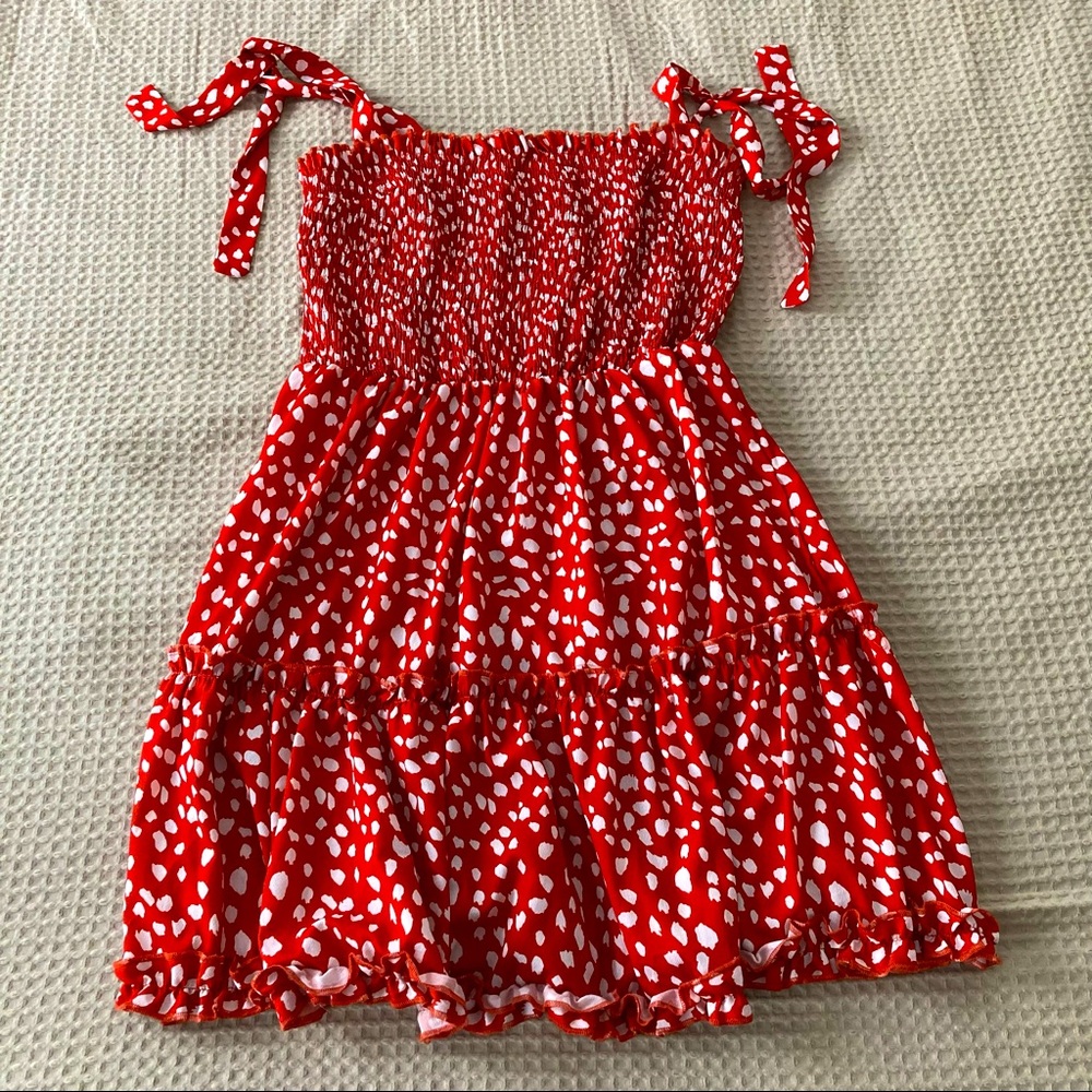 Red Dalmatian Print Shirred Frill Dress